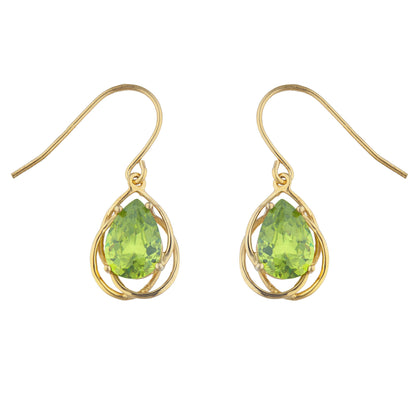 14Kt Yellow Gold Plated Peridot Pear Teardrop Design Dangle Earrings