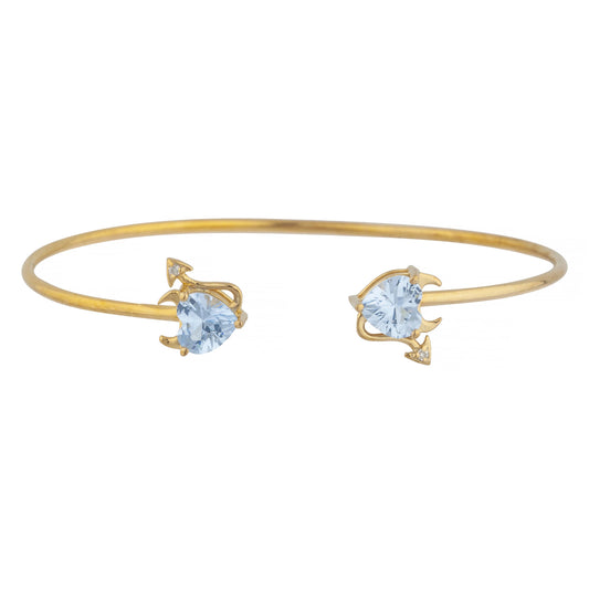 Aquamarine & Diamond Devil Heart Bangle Bracelet 14Kt Yellow Gold Rose Gold Silver