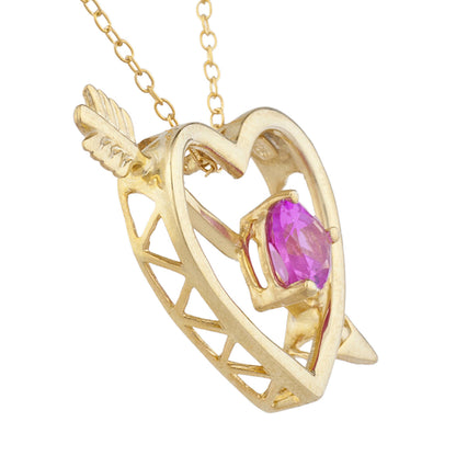 14Kt Gold Pink Sapphire Heart Bow & Arrow Pendant Necklace