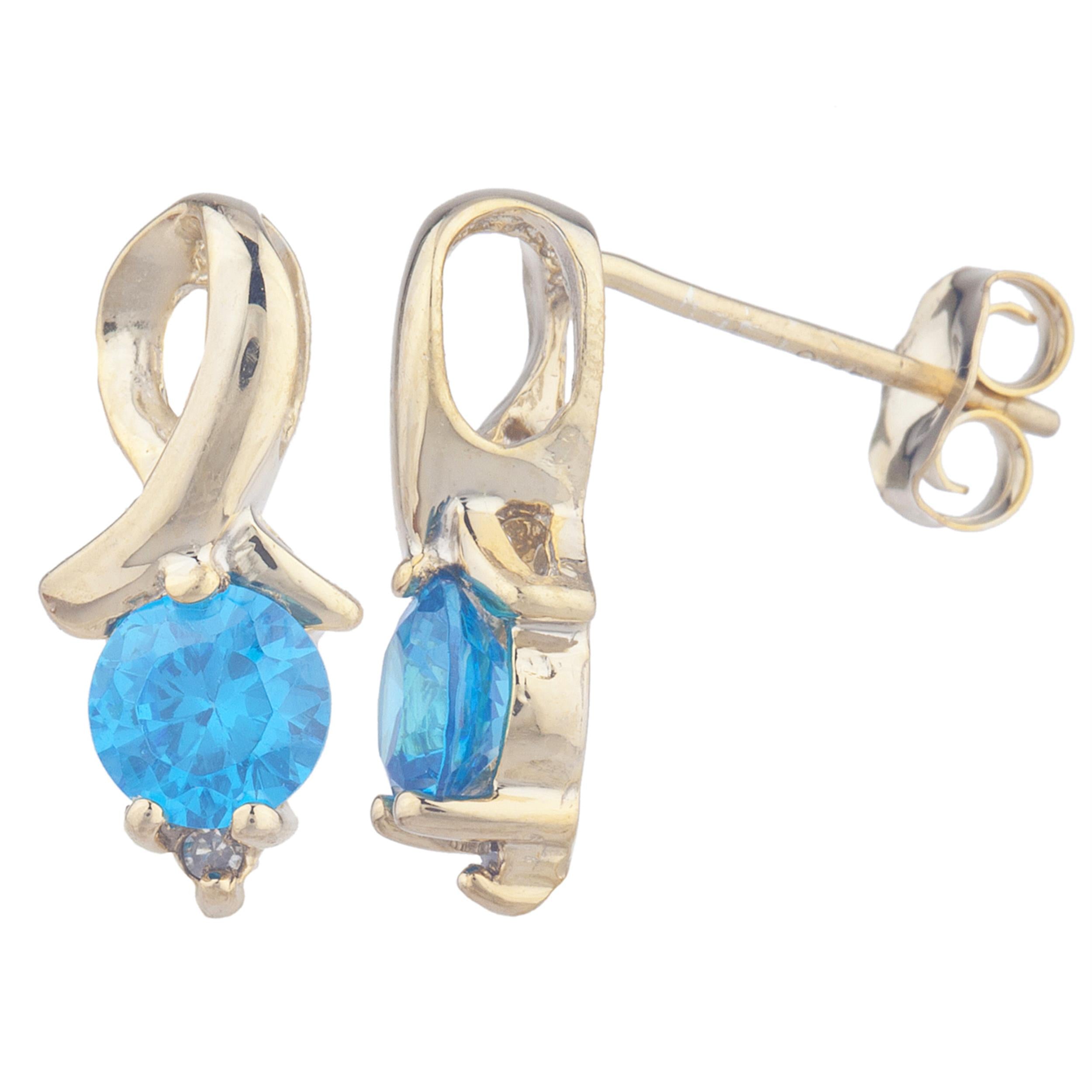 14Kt Gold Swiss Blue Topaz & Diamond Round Design Stud Earrings