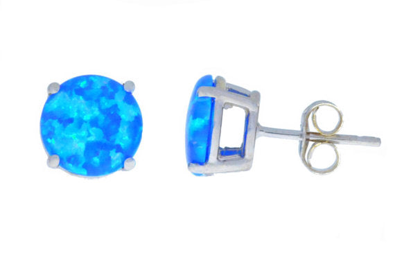 Blue Opal Round Stud Earrings 14Kt White Gold