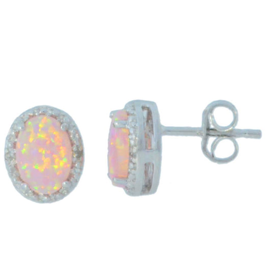 14Kt White Gold Pink Opal & Diamond Oval Stud Earrings