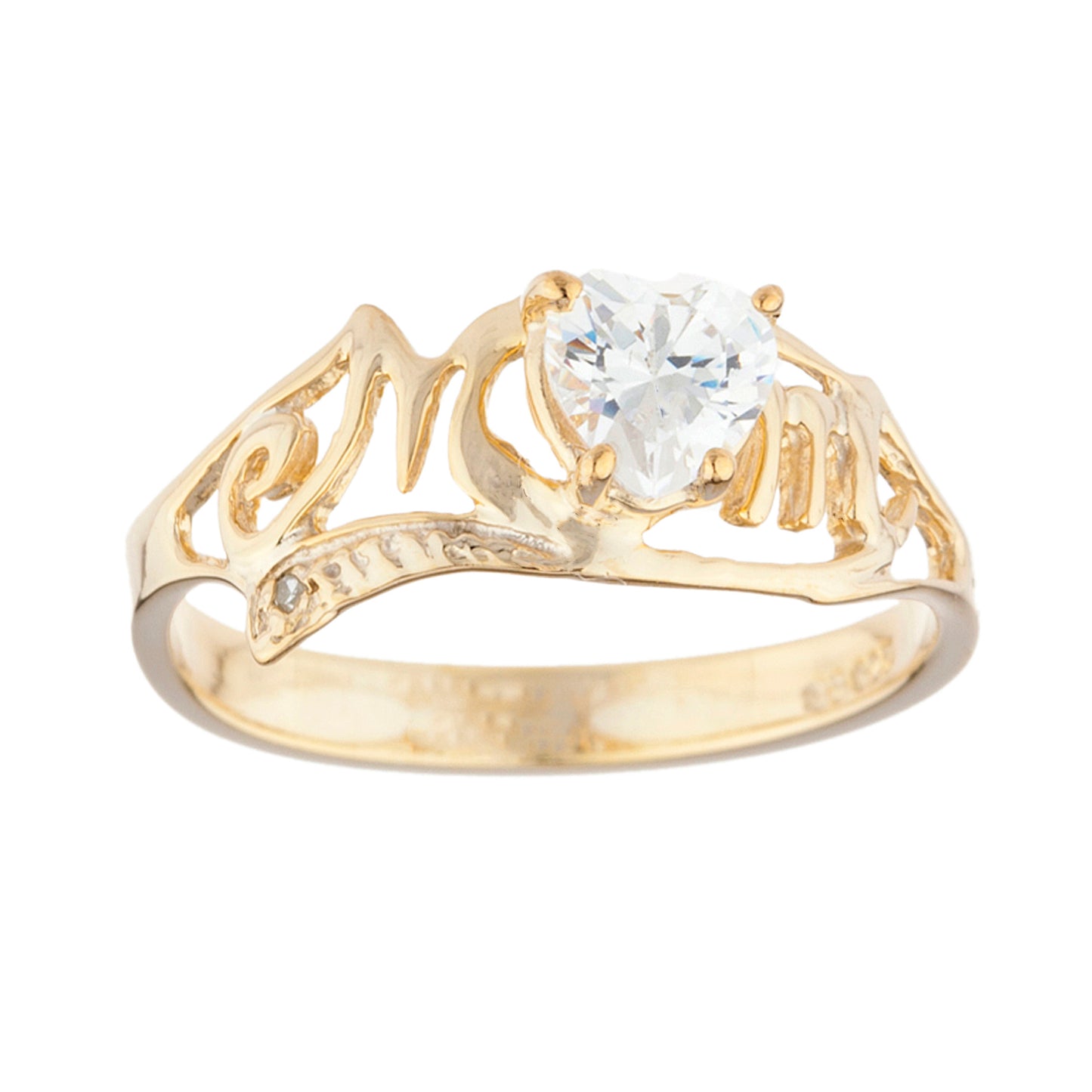 14Kt Gold White Sapphire & Diamond Heart Mom Ring