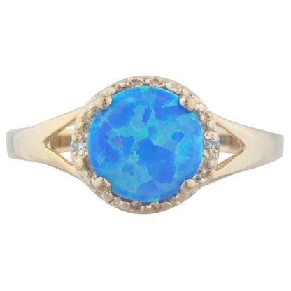 Blue Opal & Diamond Halo Design Round Ring 14Kt Yellow Gold Rose Gold Silver