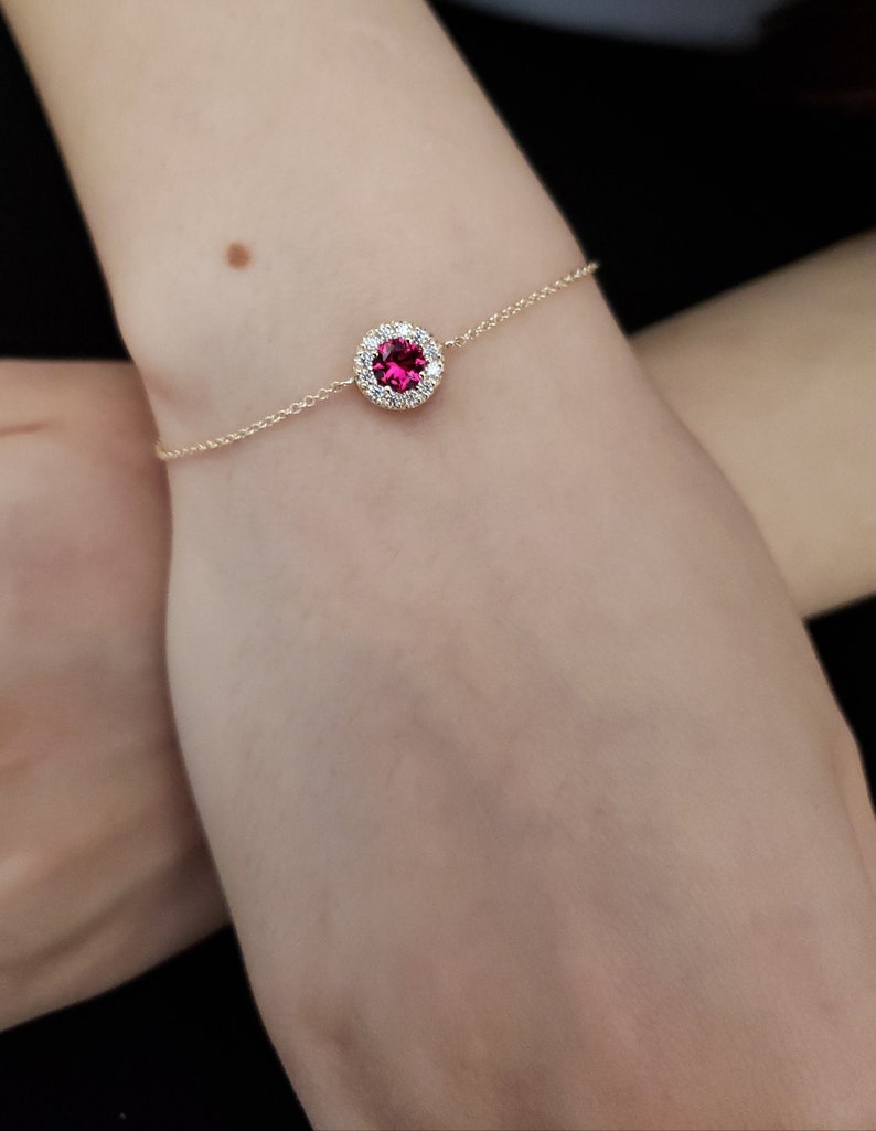 14Kt Gold Ruby Halo Round Bracelet