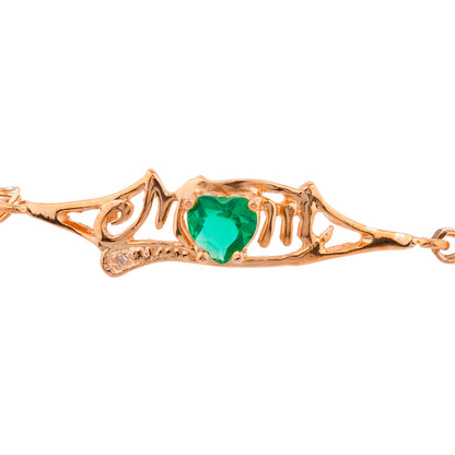 Emerald & Diamond Heart Mom Bracelet 14Kt Rose Gold Plated Over .925 Sterling Silver