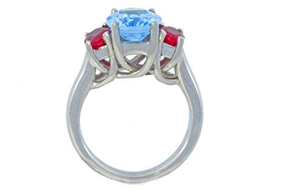 4 Ct Blue Topaz & Created Ruby Oval Ring .925 Sterling Silver Rhodium Finish