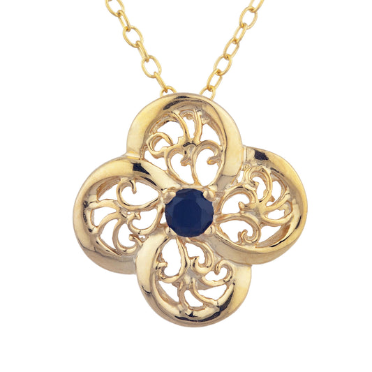 14Kt Gold Genuine Black Onyx Clover Design Pendant Necklace