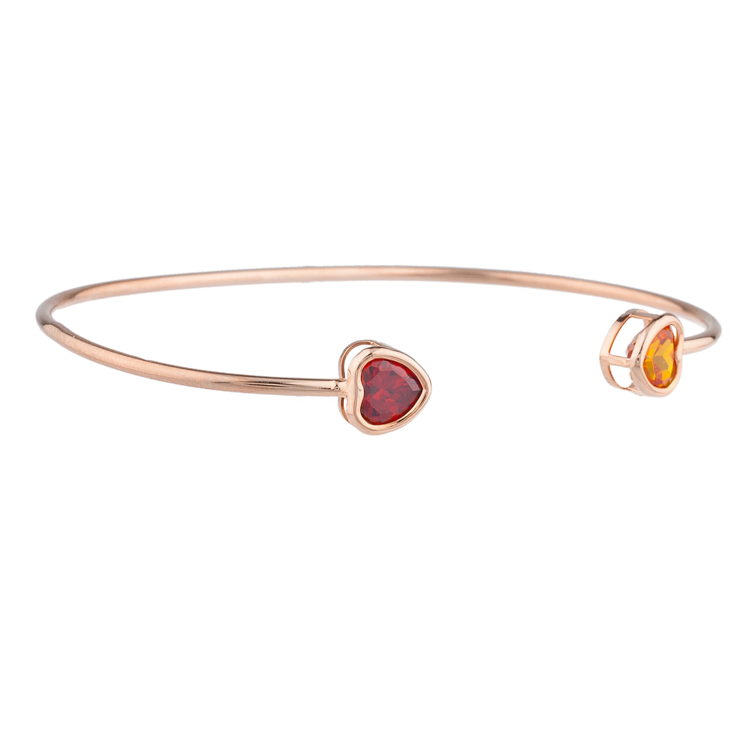 Orange Citrine & Garnet Heart Bezel Bangle Bracelet 14Kt Rose Gold Plated Over .925 Sterling Silver