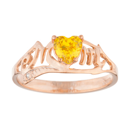 14Kt Gold Yellow Citrine & Diamond Heart Mom Ring