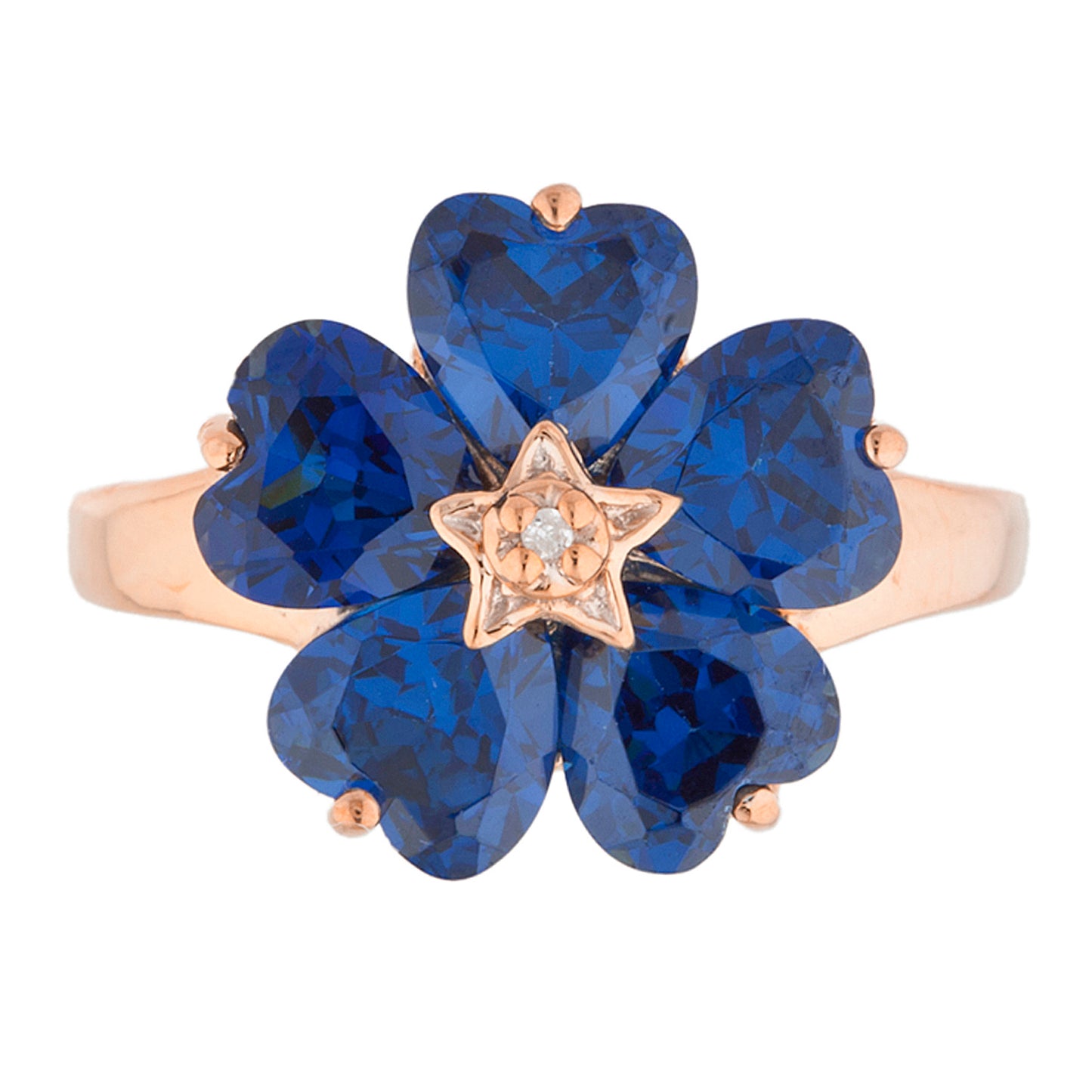 14Kt Gold Blue Sapphire & Diamond Heart Flower Design Ring