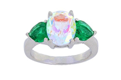 5 Ct Mercury Mist Oval & Emerald Heart Ring .925 Sterling Silver Rhodium Finish