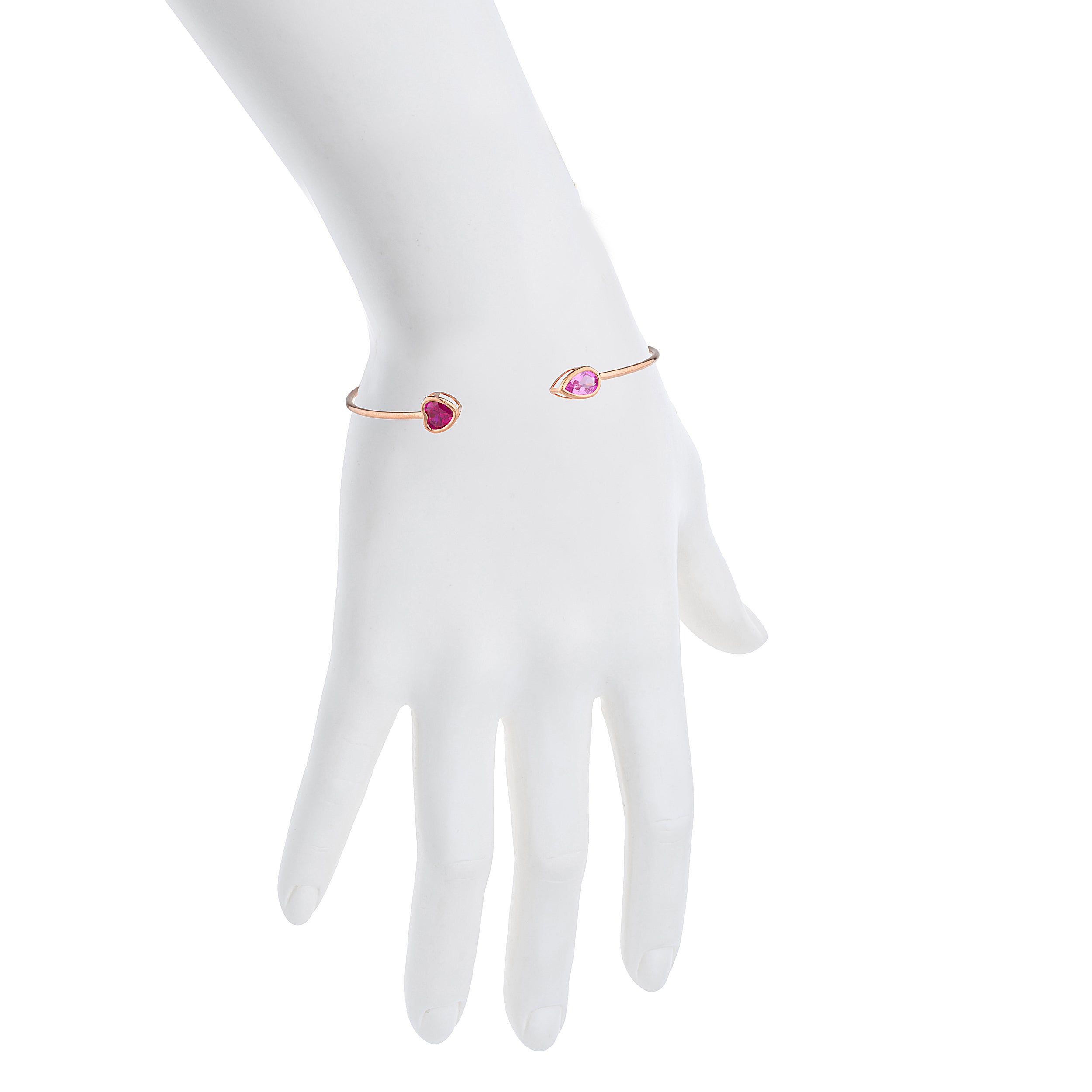 14Kt Gold Created Ruby Heart & Pink Sapphire Pear Bezel Bangle Bracelet