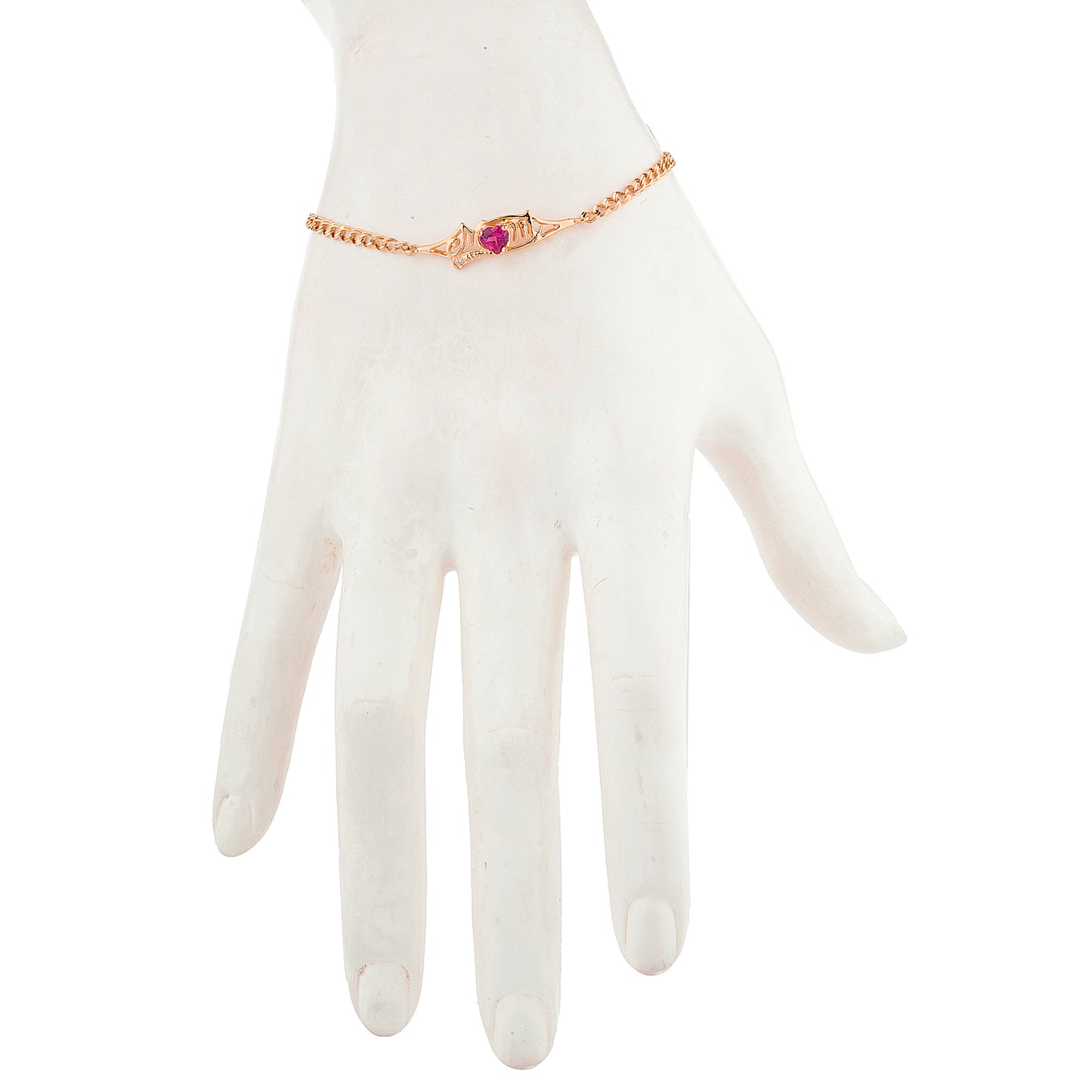 Created Ruby & Diamond Heart Mom Bracelet 14Kt Rose Gold Plated Over .925 Sterling Silver