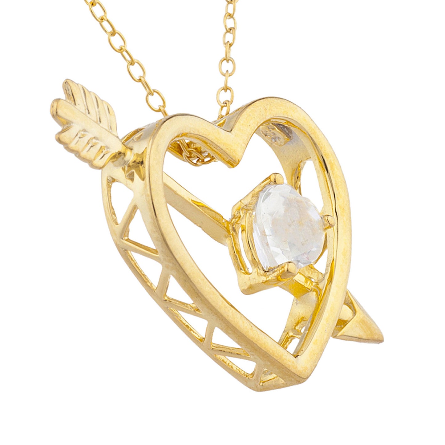 14Kt Yellow Gold Plated Zirconia Heart Bow & Arrow Pendant