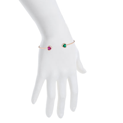 Created Ruby & Emerald Heart Bezel Bangle Bracelet 14Kt Rose Gold Plated Over .925 Sterling Silver