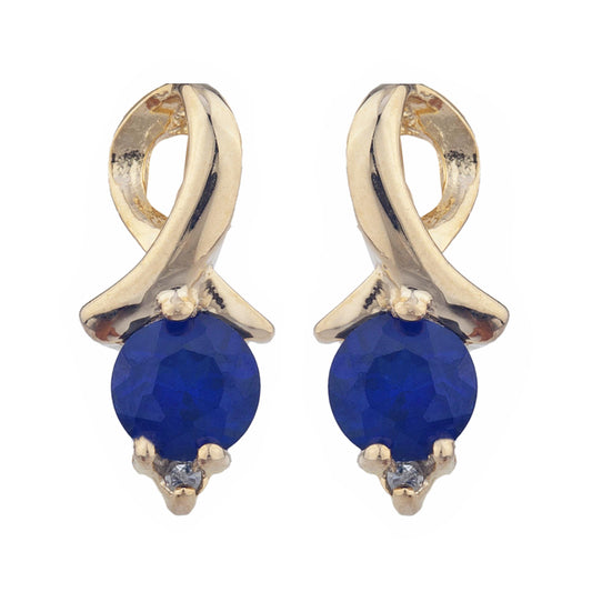 14Kt Gold Blue Sapphire & Diamond Round Design Stud Earrings