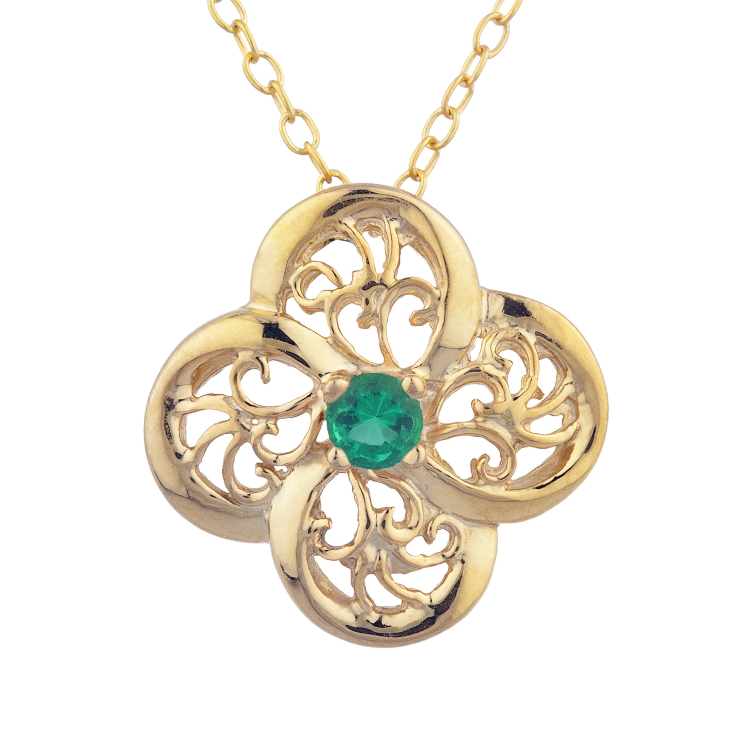 14Kt Gold Emerald Clover Design Pendant Necklace