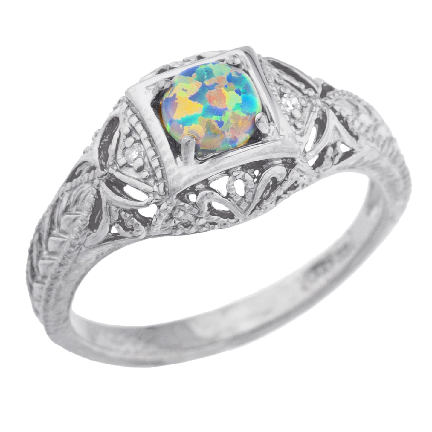 14Kt Gold Black Opal & Diamond Design Round Ring