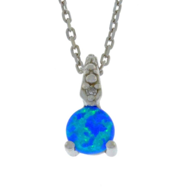 14Kt Gold Blue Opal Dainty Round Pendant Necklace