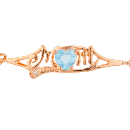 Blue Topaz & Diamond Heart Mom Bracelet 14Kt Rose Gold Plated Over .925 Sterling Silver