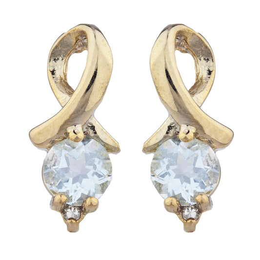 14Kt Gold Genuine Aquamarine & Diamond Round Design Stud Earrings