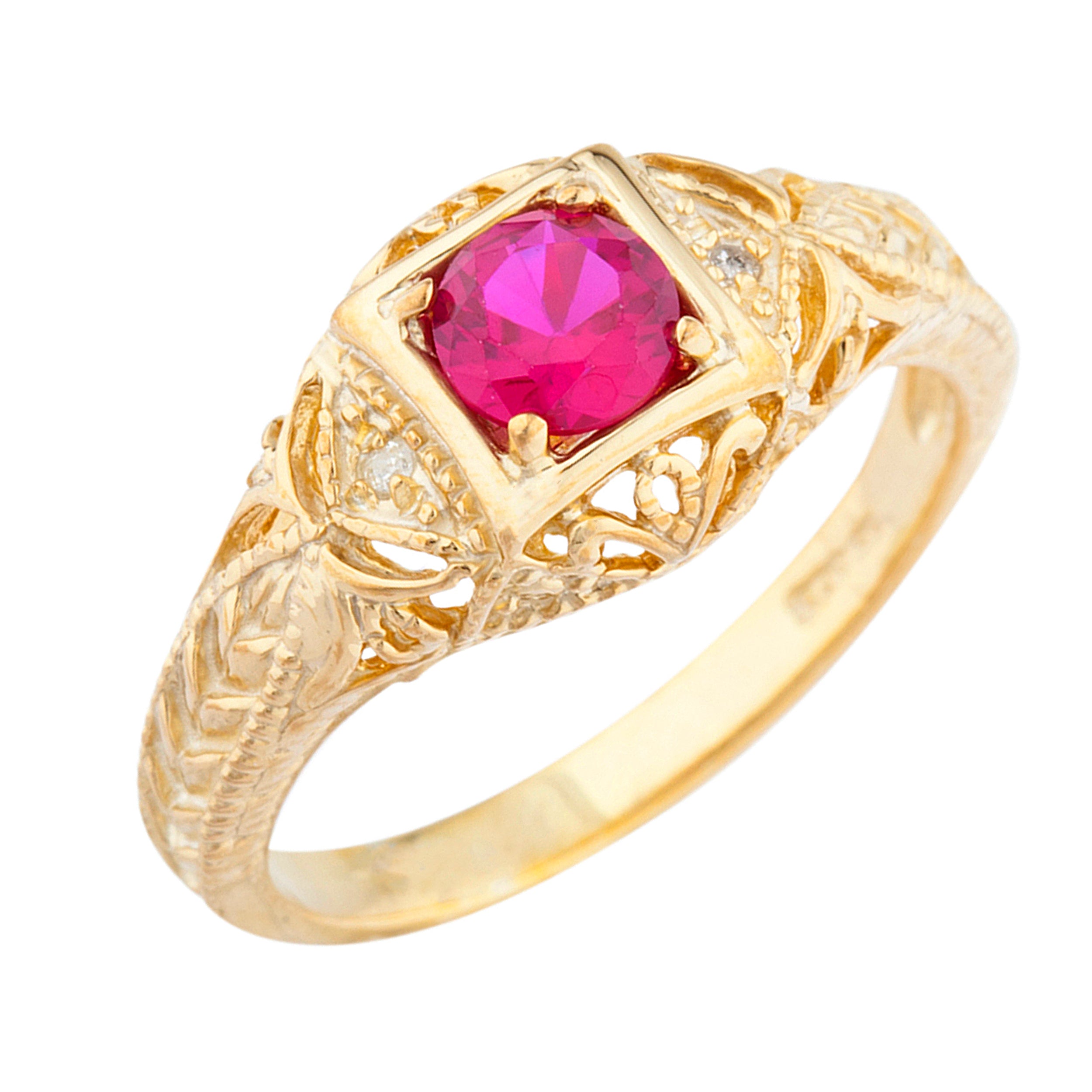 14Kt Gold Created Ruby & Diamond Design Round Ring