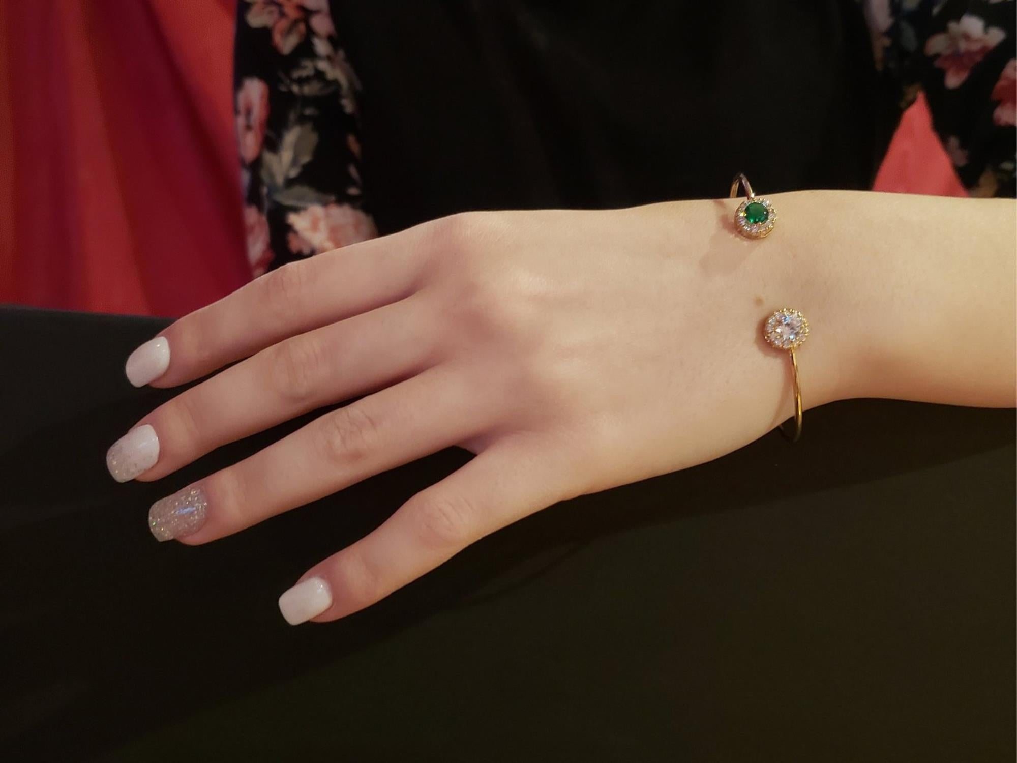 14Kt Gold Emerald & Zirconia Halo Design Bangle Bracelet