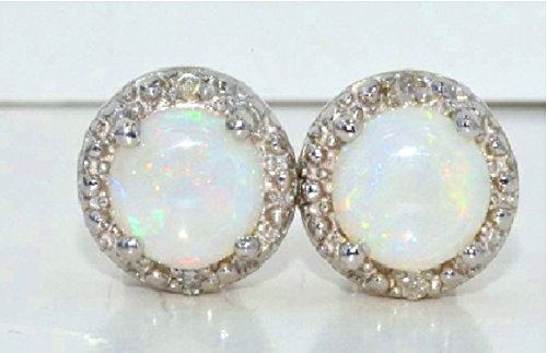 14Kt White Gold Genuine Opal & Diamond Round Stud Earrings