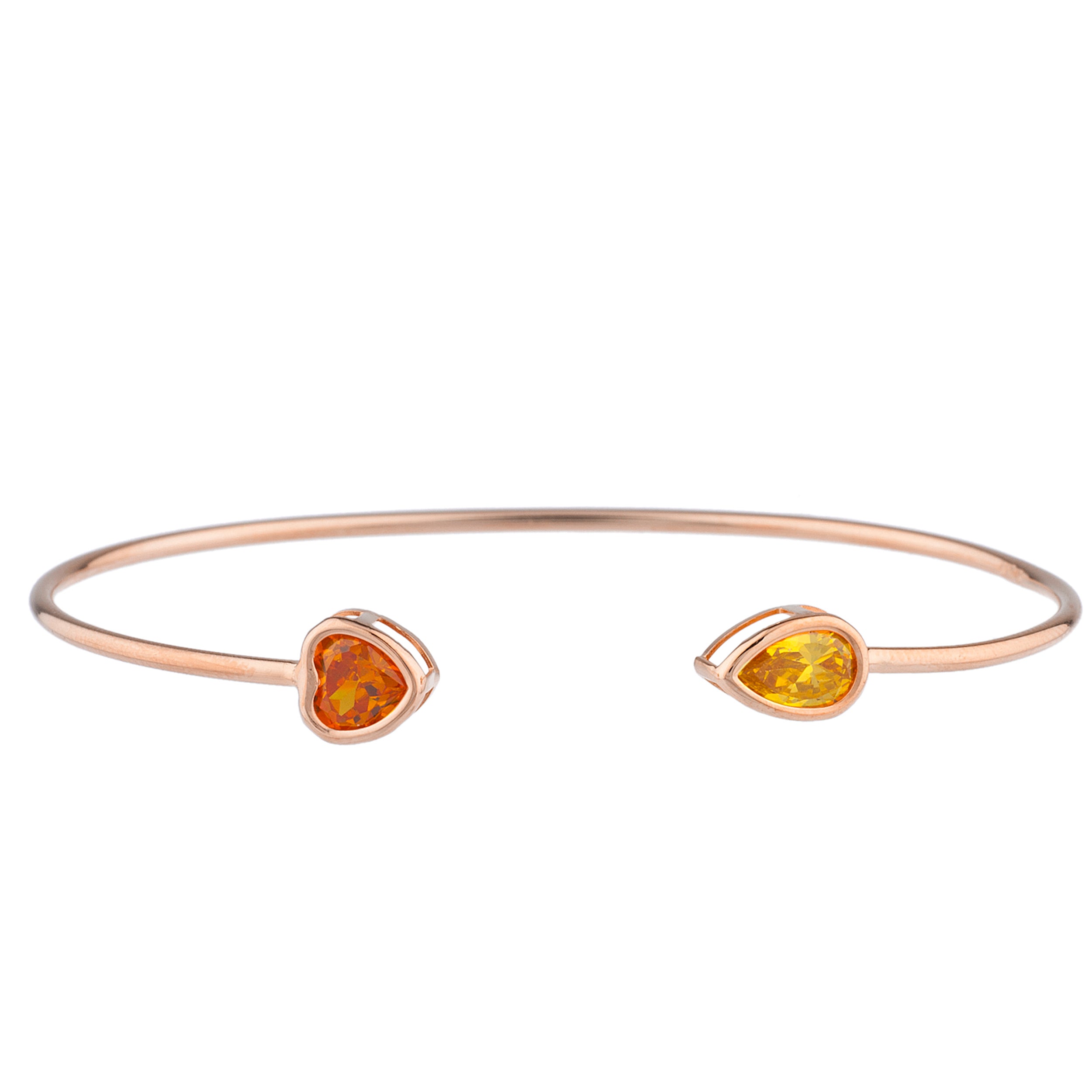 14Kt Gold Orange Citrine Heart & Yellow Citrine Pear Bezel Bangle Bracelet