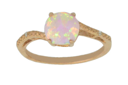 7mm Pink Opal & Diamond Round Ring 14Kt Rose Gold Plated