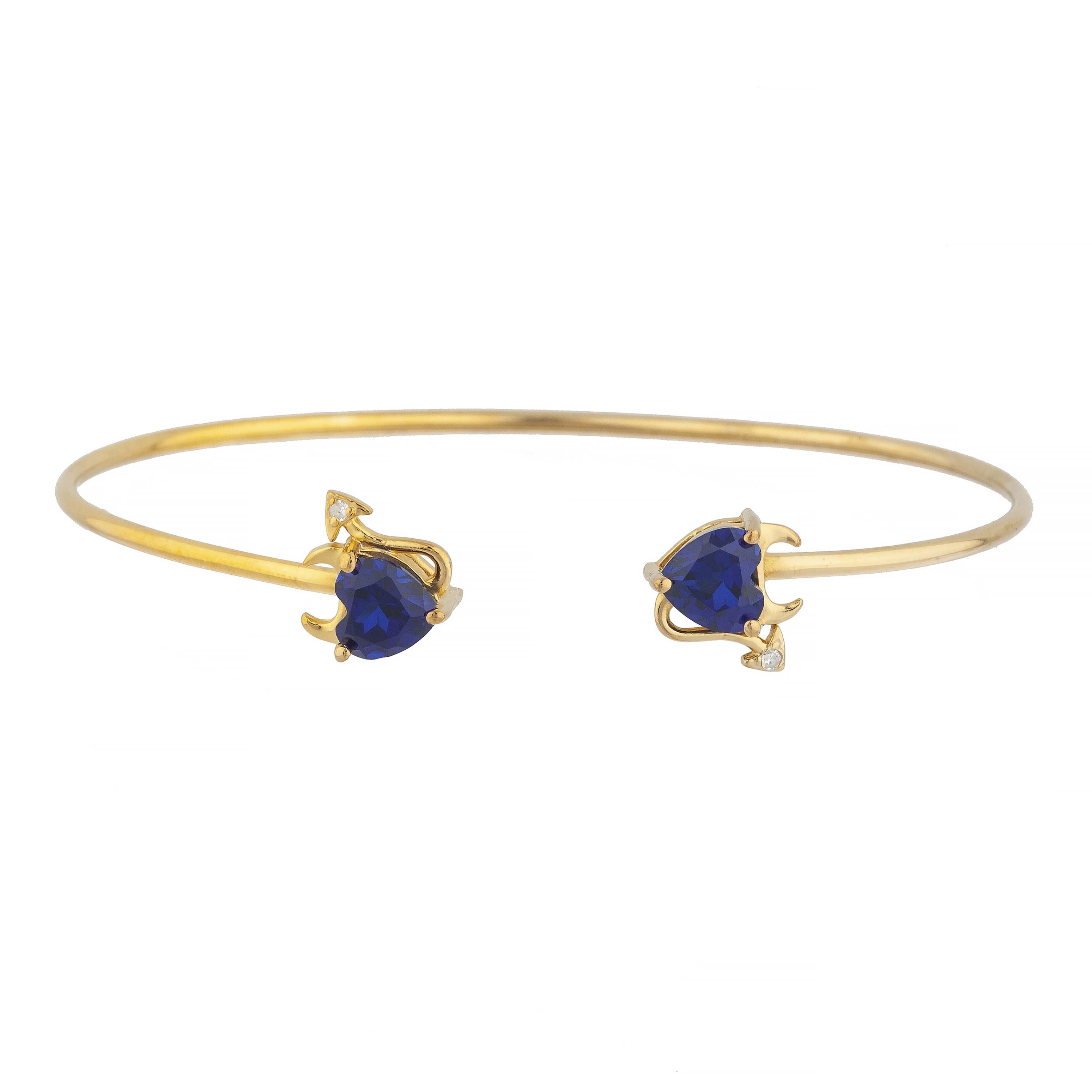 14Kt Gold Blue Sapphire & Diamond Devil Heart Bangle Bracelet