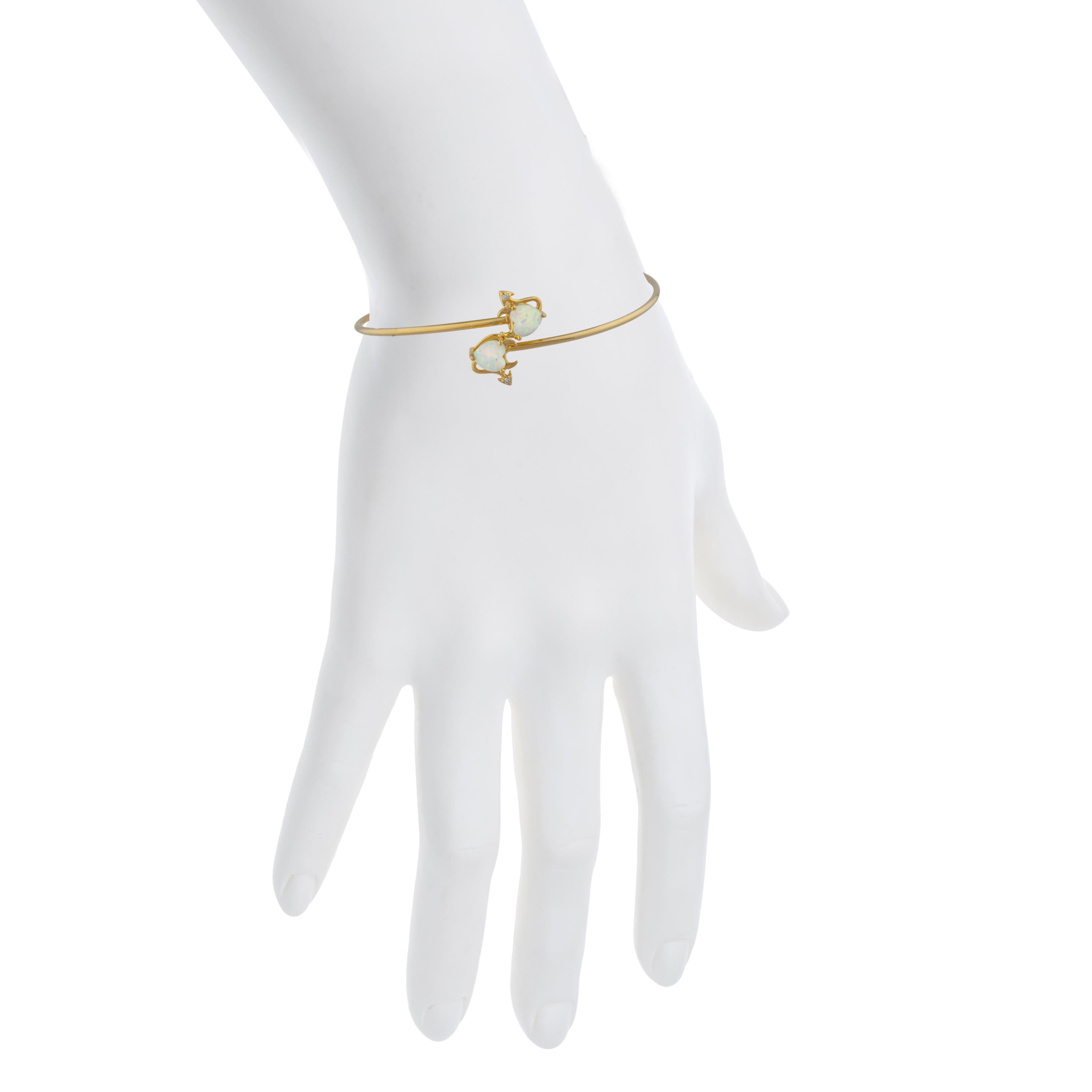 14Kt Gold Genuine Opal & Diamond Devil Heart Bangle Bracelet