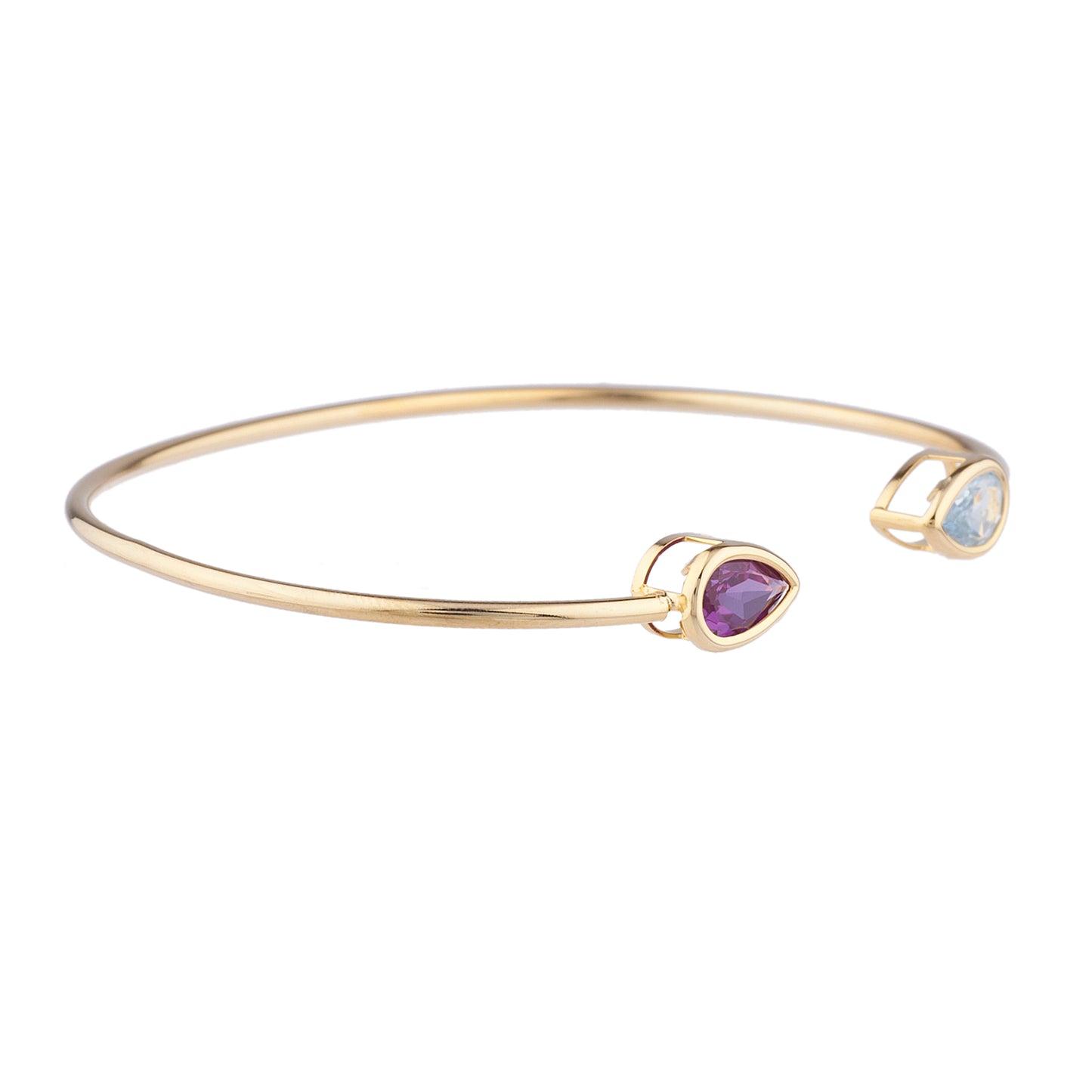 14Kt Gold Genuine Aquamarine & Amethyst Pear Bezel Bangle Bracelet