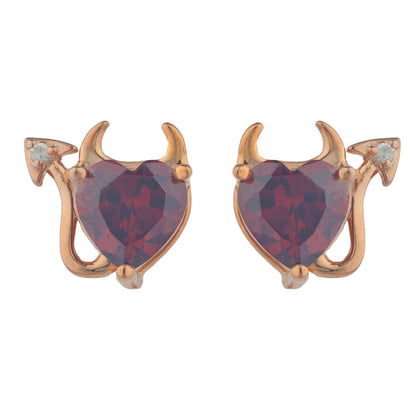 Garnet & Diamond Devil Heart Stud Earrings 14Kt Rose Gold Plated