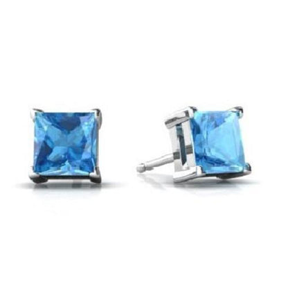 14Kt White Gold Blue Topaz Princess Cut Stud Earrings