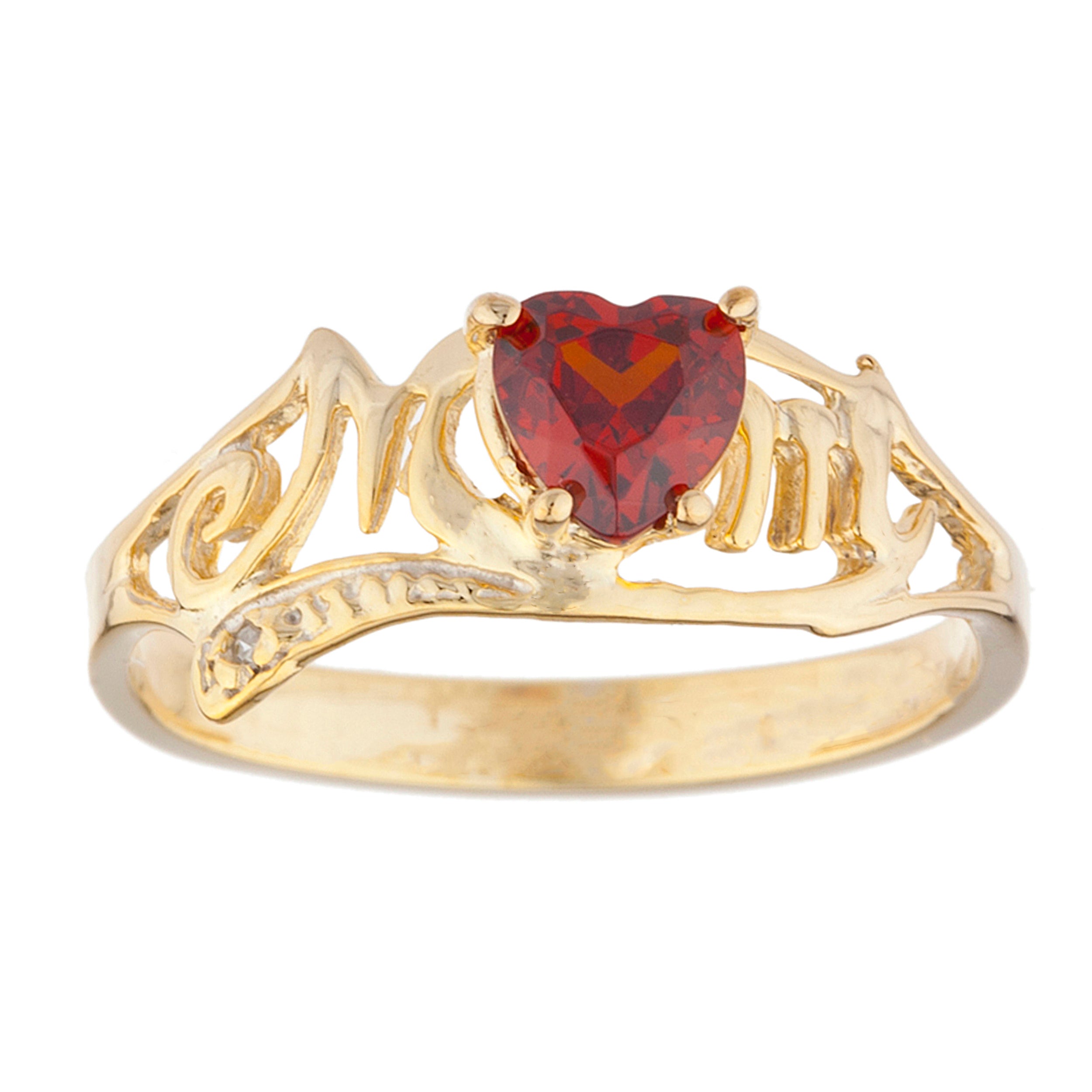14Kt Gold Garnet & Diamond Heart Mom Ring
