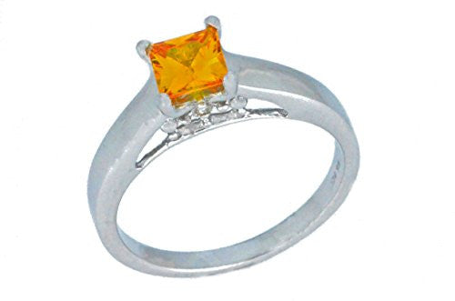 0.50 Ct Citrine & Diamond Princess Cut Ring .925 Sterling Silver Rhodium Finish