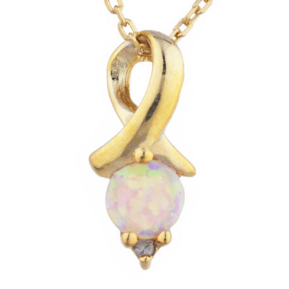 14Kt Yellow Gold Plated Pink Opal & Diamond Round Design Pendant