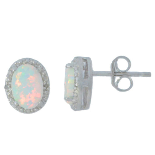 14Kt White Gold Opal & Diamond Oval Stud Earrings