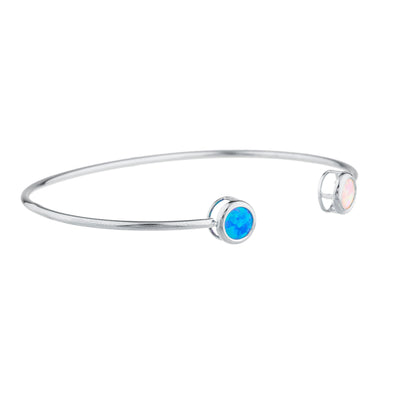 14Kt Gold Blue & Pink Opal Round Bezel Bangle Bracelet