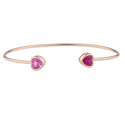 14Kt Gold Created Ruby & Pink Sapphire Heart Bezel Bangle Bracelet