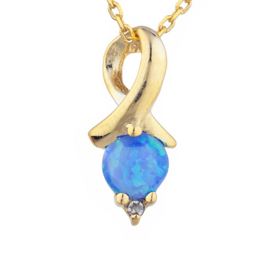 14Kt Gold Blue Opal & Diamond Round Design Pendant Necklace