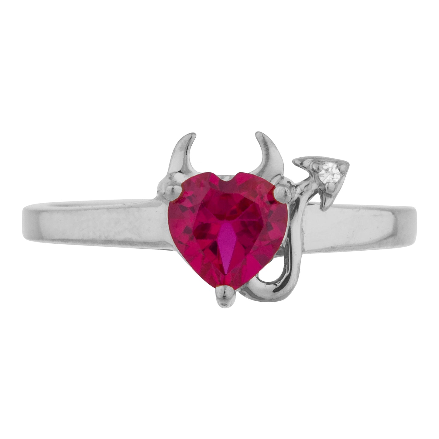 Created Ruby & Diamond Devil Heart Ring 14Kt Yellow Gold Rose Gold Silver