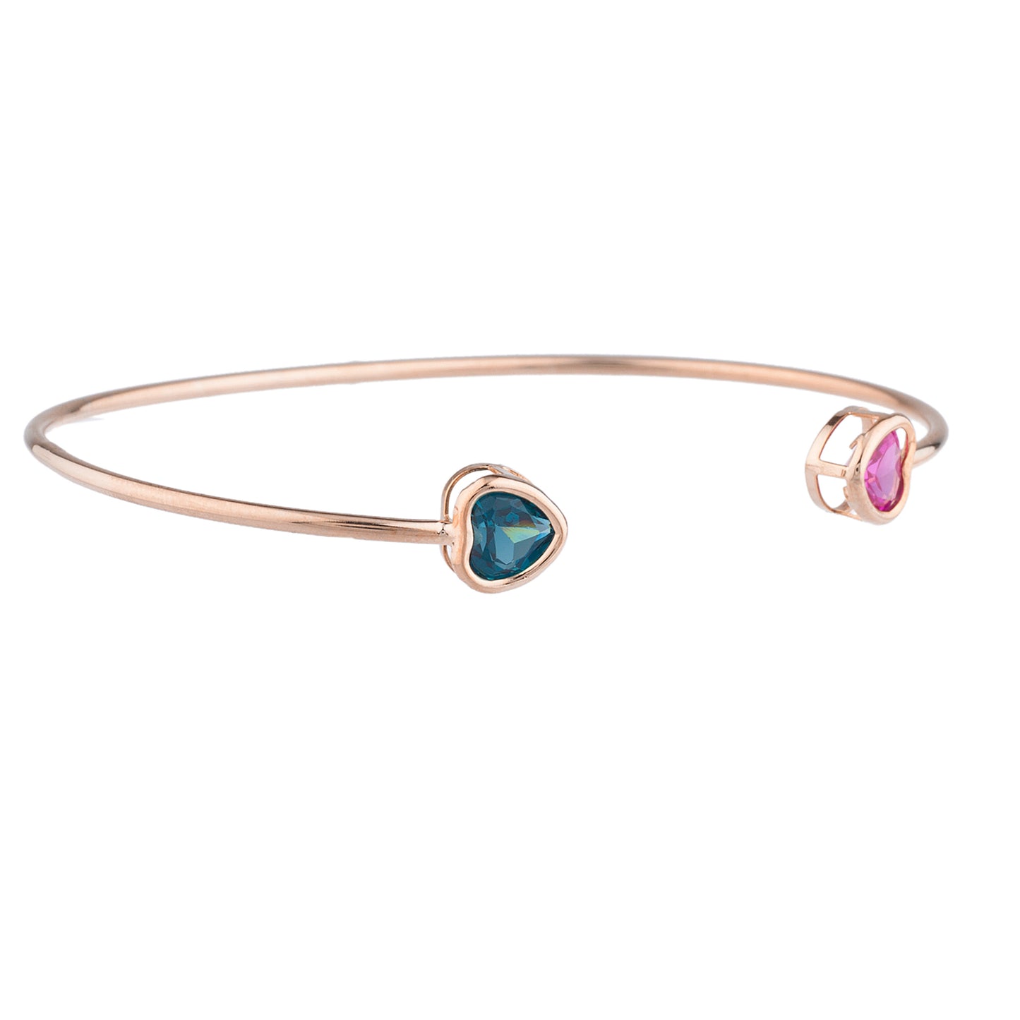 Pink Sapphire & London Blue Topaz Heart Bezel Bangle Bracelet 14Kt Rose Gold Plated Over .925 Sterling Silver