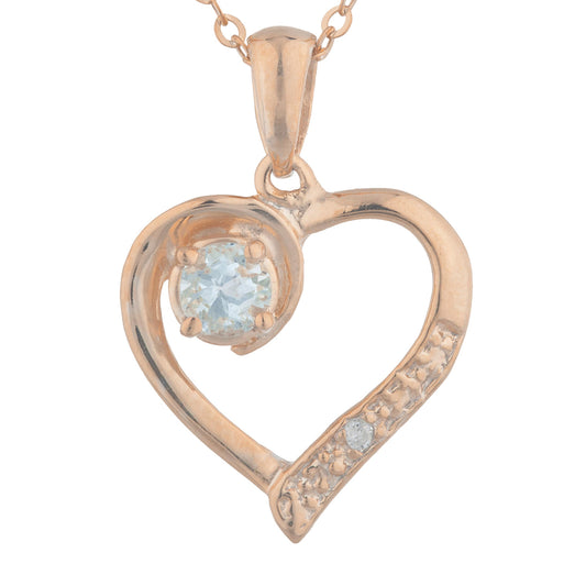 14Kt Rose Gold Plated Genuine Aquamarine & Diamond Heart Pendant