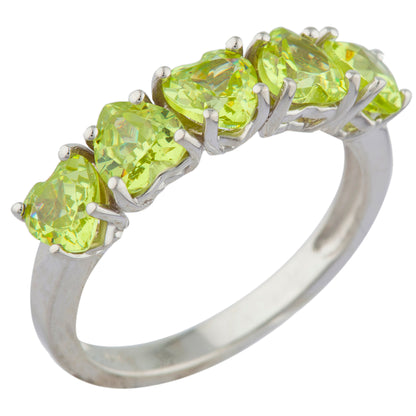 5 Hearts Peridot Heart Ring .925 Sterling Silver Rhodium Finish