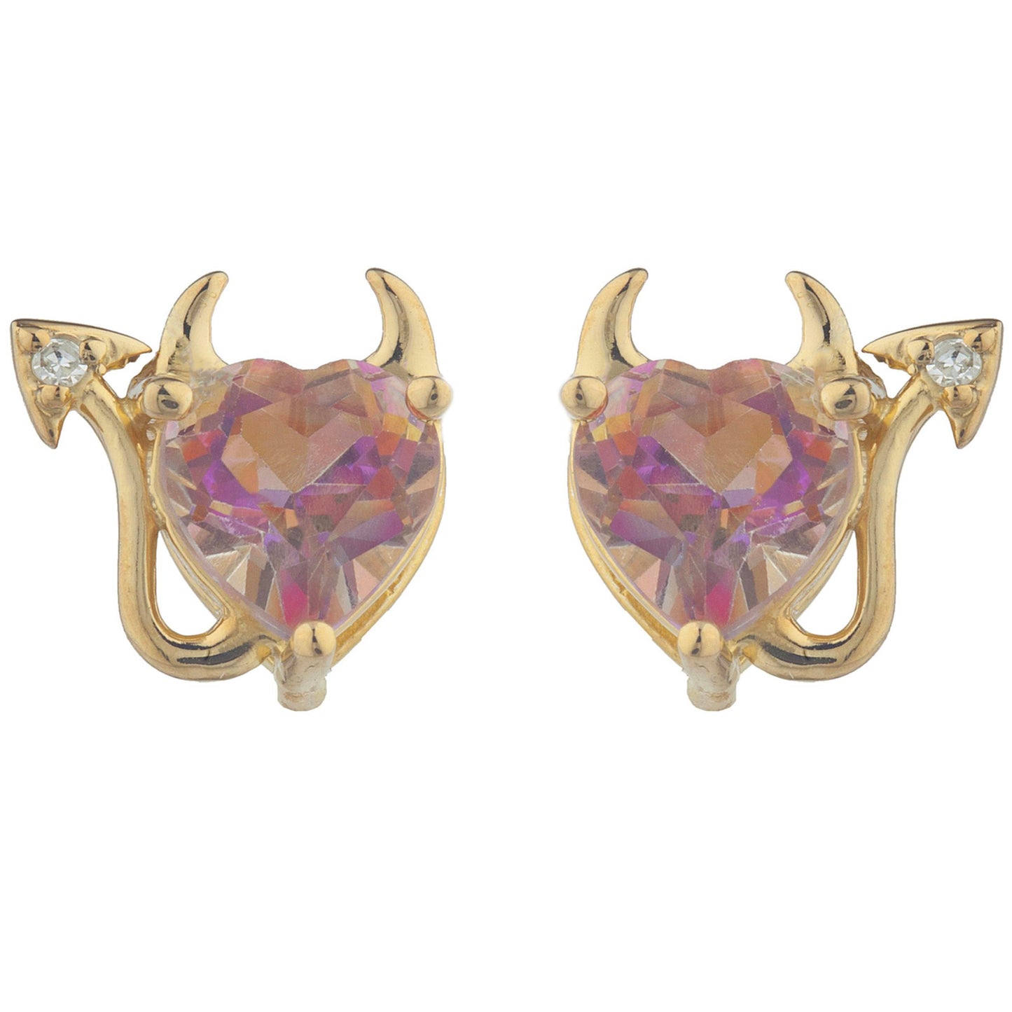 Natural Ecstasy Mystic Topaz & Diamond Devil Heart Stud Earrings 14Kt Yellow Gold Plated