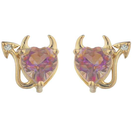 Natural Ecstasy Mystic Topaz & Diamond Devil Heart Stud Earrings 14Kt Yellow Gold Plated