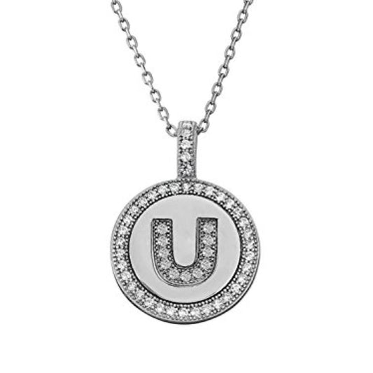 Letter U Micro Pave Initial CZ Pendant .925 Sterling Silver